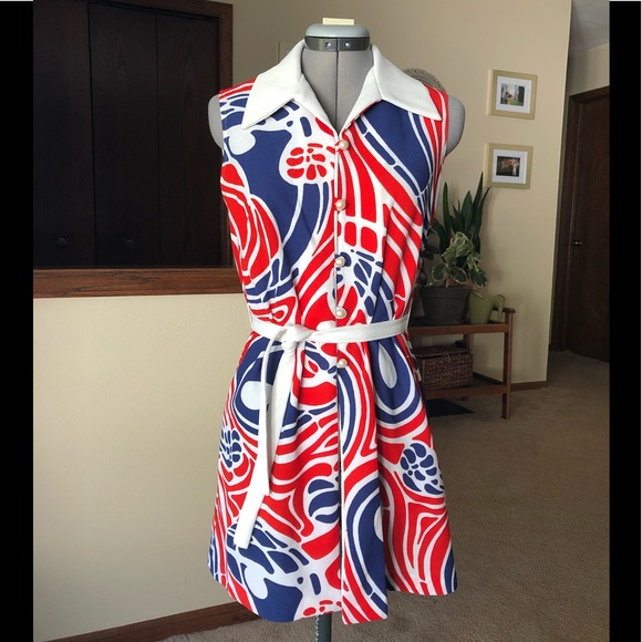 Vintage Dresses & Skirts - Vintage Psychedelic Red, White & Blue Dress